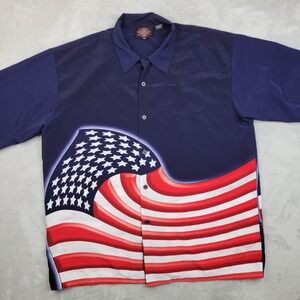 Dragonfly Roadhouse Shirt Mens 2XL Blue American Flag Patriotic Button Up USA‎
